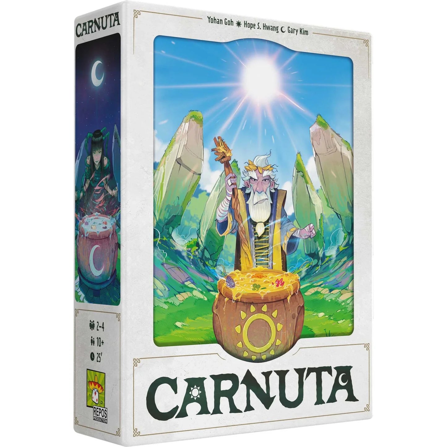 Board game box for 'Carnuta' with colorful illustration of a character and game title.