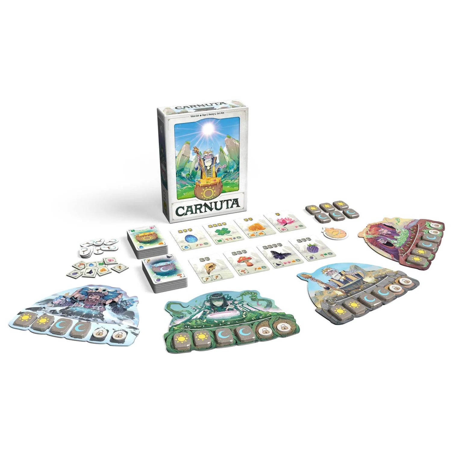 Board game set with 'Carnuta' packaging on a white background