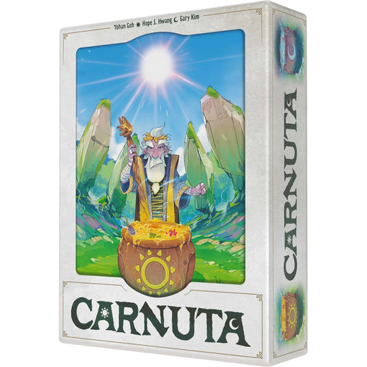 Board game box for 'Carnuta' with a colorful illustration of a character and landscape on a white background.