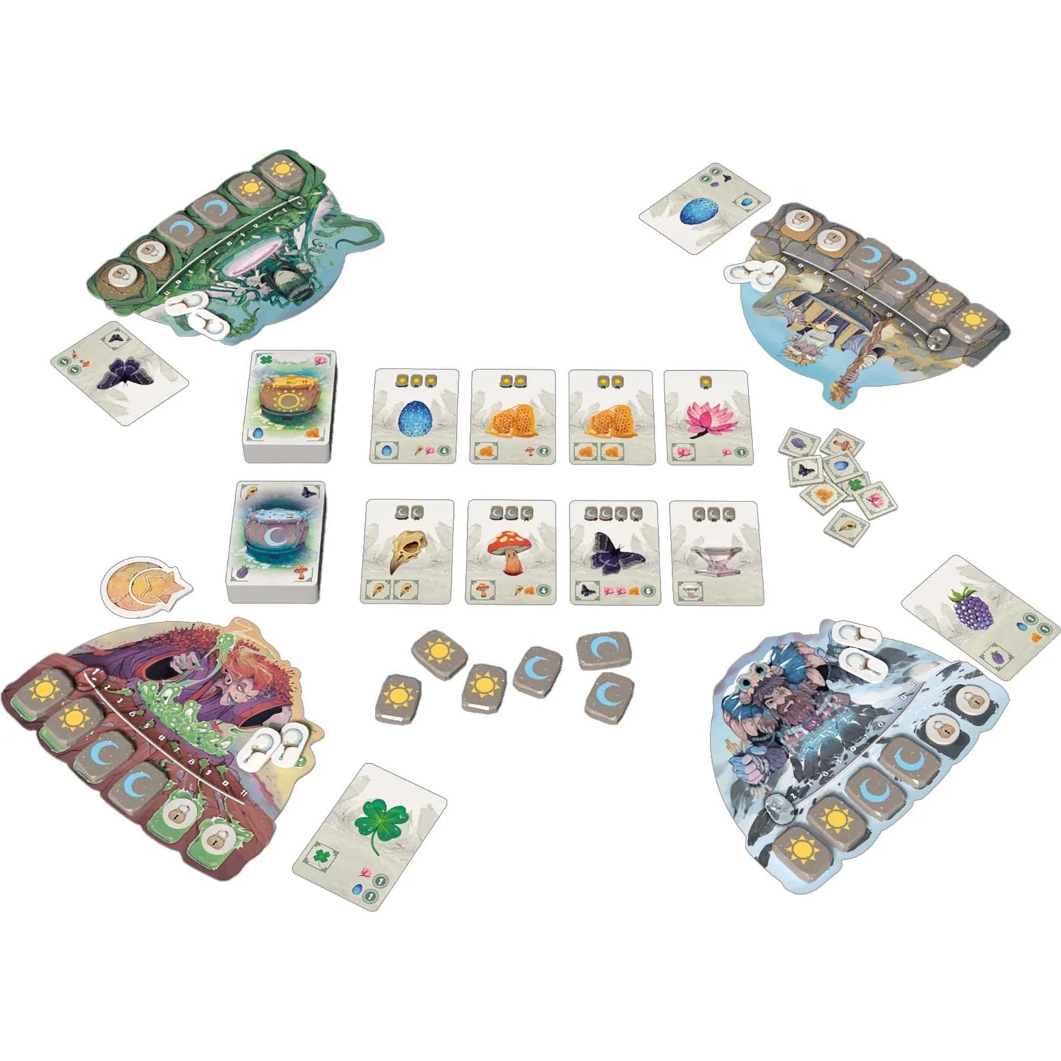 Board game components including cards and board pieces on a white background
