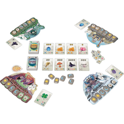 Board game components including cards and board pieces on a white background