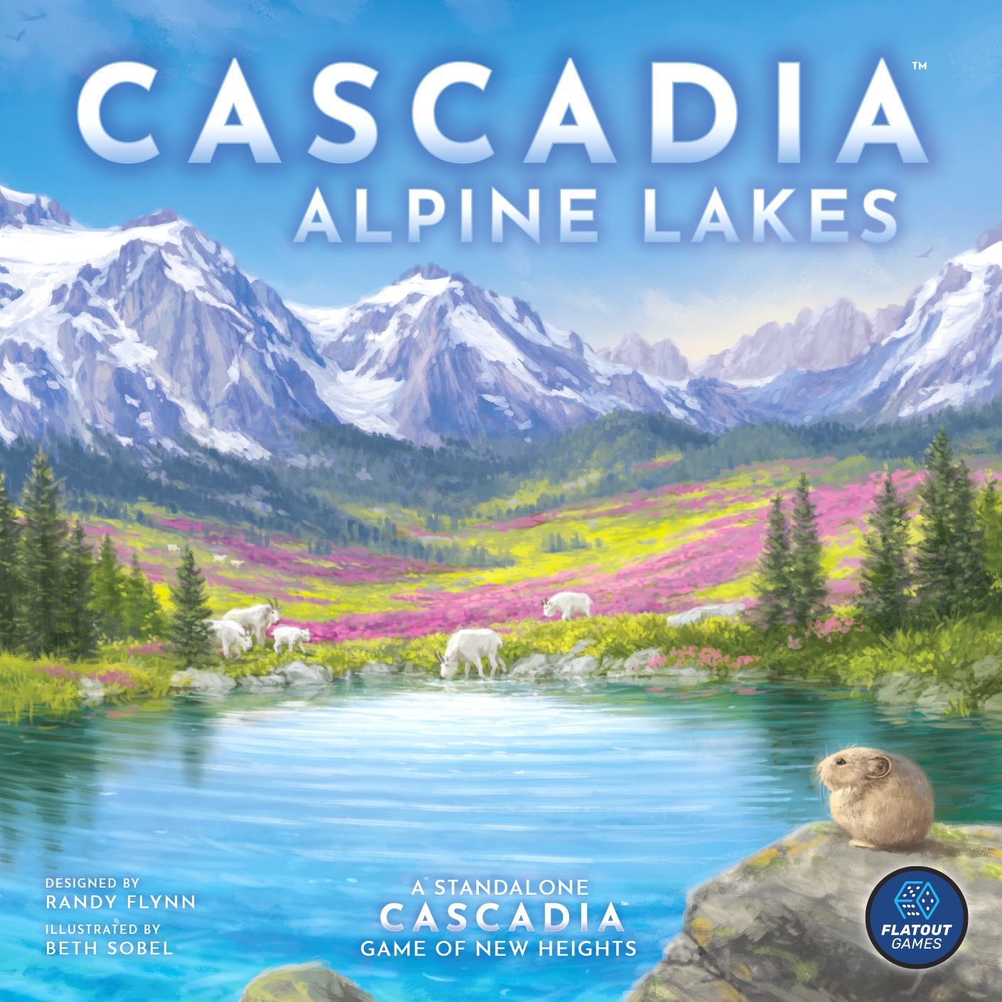 Board game box for 'Cascadia Alpine Lakes' with mountain and lake scenery.