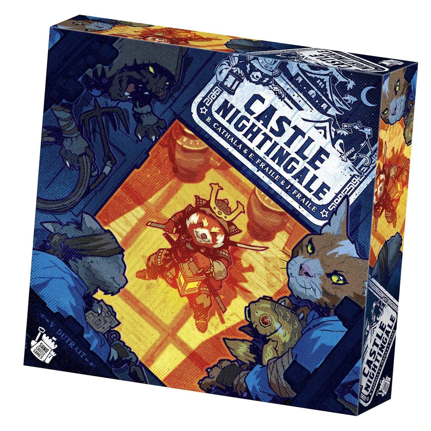 Board game box for 'Castle Nightingale' with fantasy-themed artwork on a white background