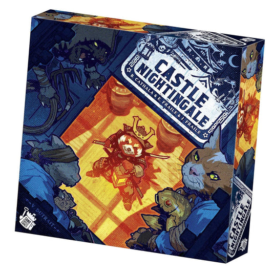 Board game box for 'Castle Nightingale' with fantasy-themed artwork on a white background