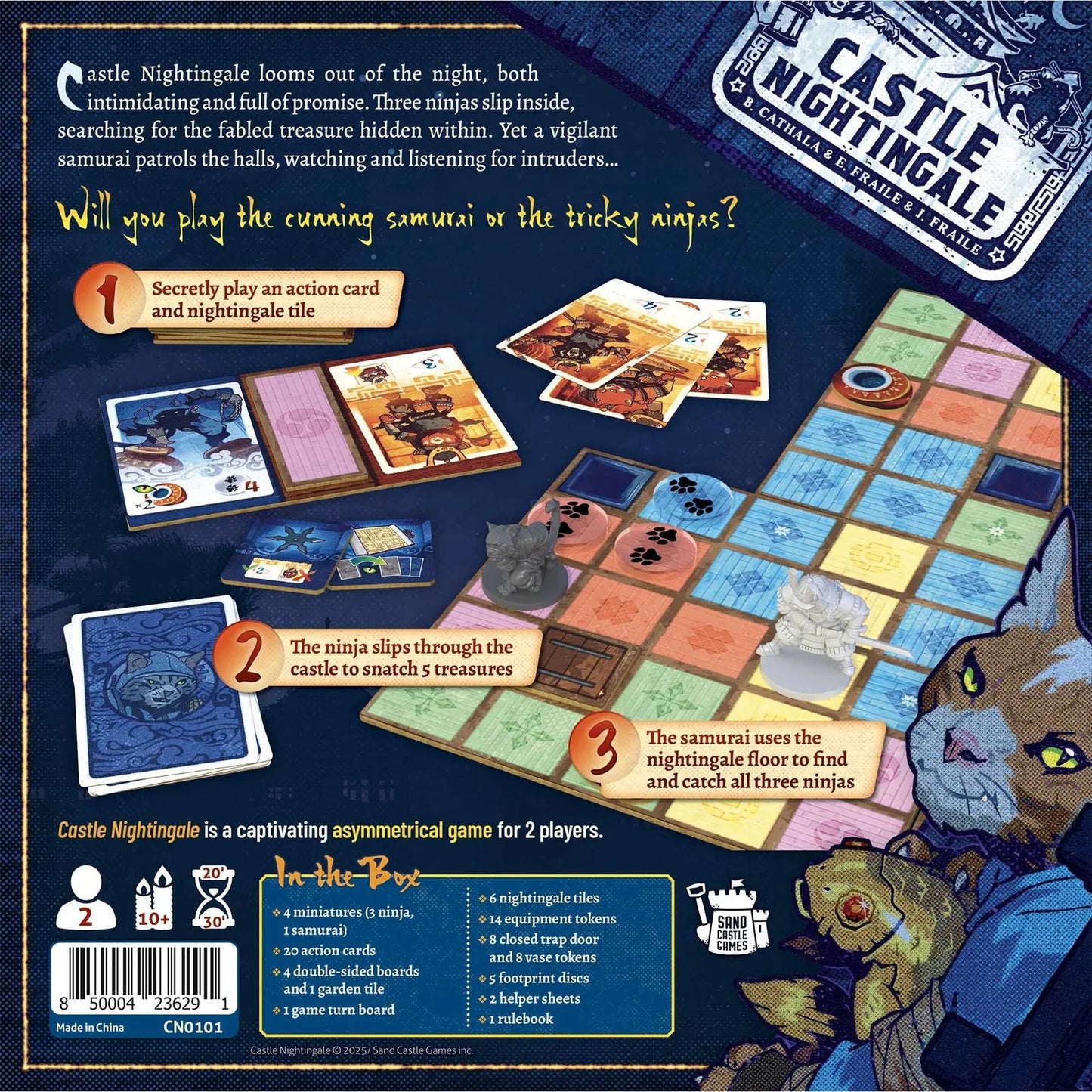 Board game packaging for 'Castle Nightingale' with game components and rules.