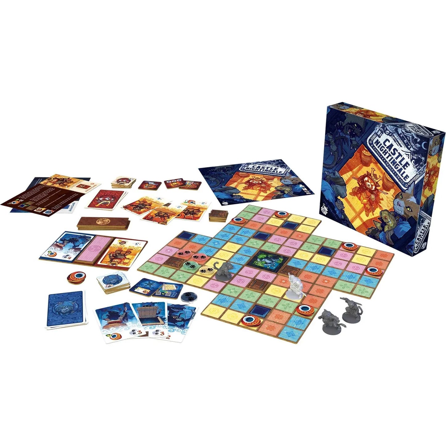 Board game set with pieces and cards on a white background