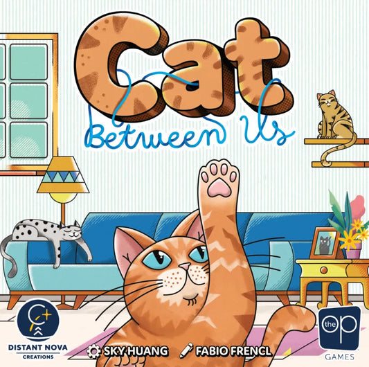 Board game cover titled 'Cat Between Us' with a cat illustration and cozy room background.
