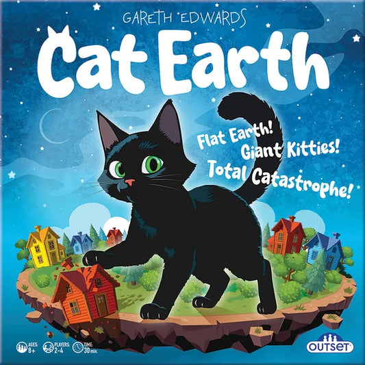 Board game box for 'Cat Earth' with a black cat and small houses on an island.