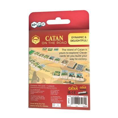 Card game packaging for 'Catan: On the Road' with red and yellow design.