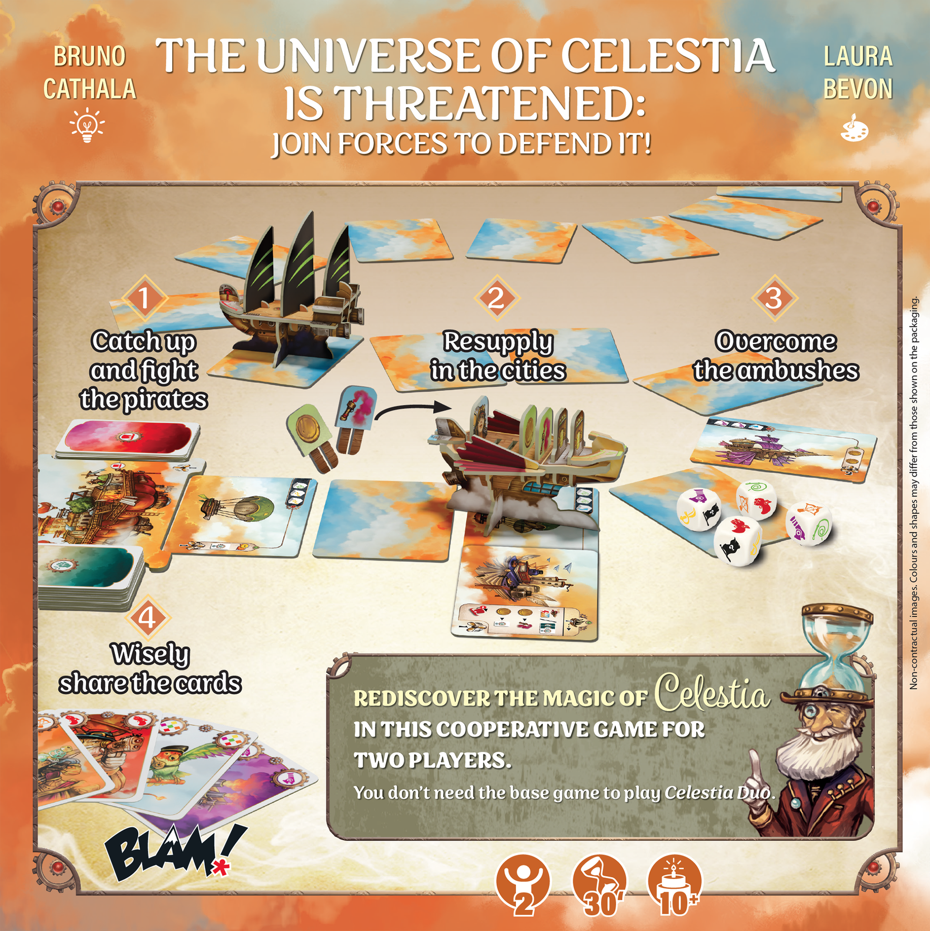 Board game packaging for 'Celestia Duo' with game pieces and text on a colorful background