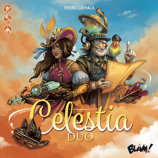Board game cover of 'Celestia Duo' featuring two characters against a cloudy sky background.