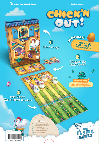Front cover of 'Chick'n Out! The Flying Games' board game set, featuring a bright blue sky background with clouds, illustrated game components, and playful text overlays explaining the gameplay.