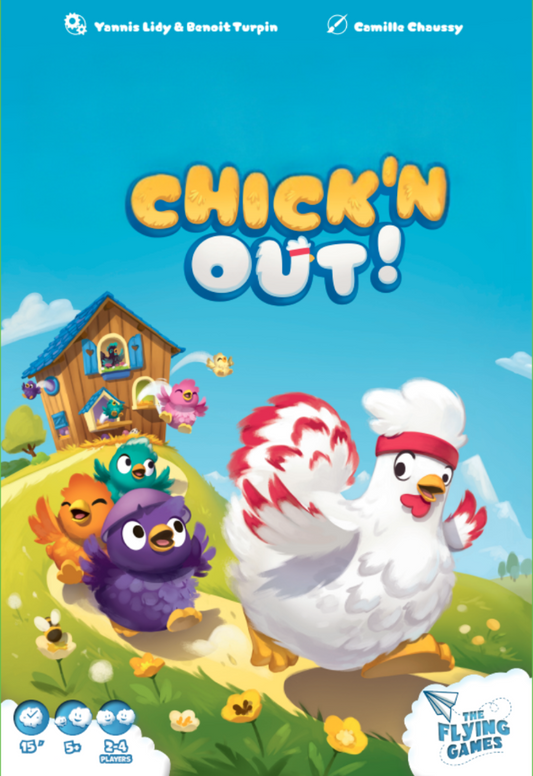 Cover of 'Chick'n Out!' game with cartoon chicken and birds on a blue background