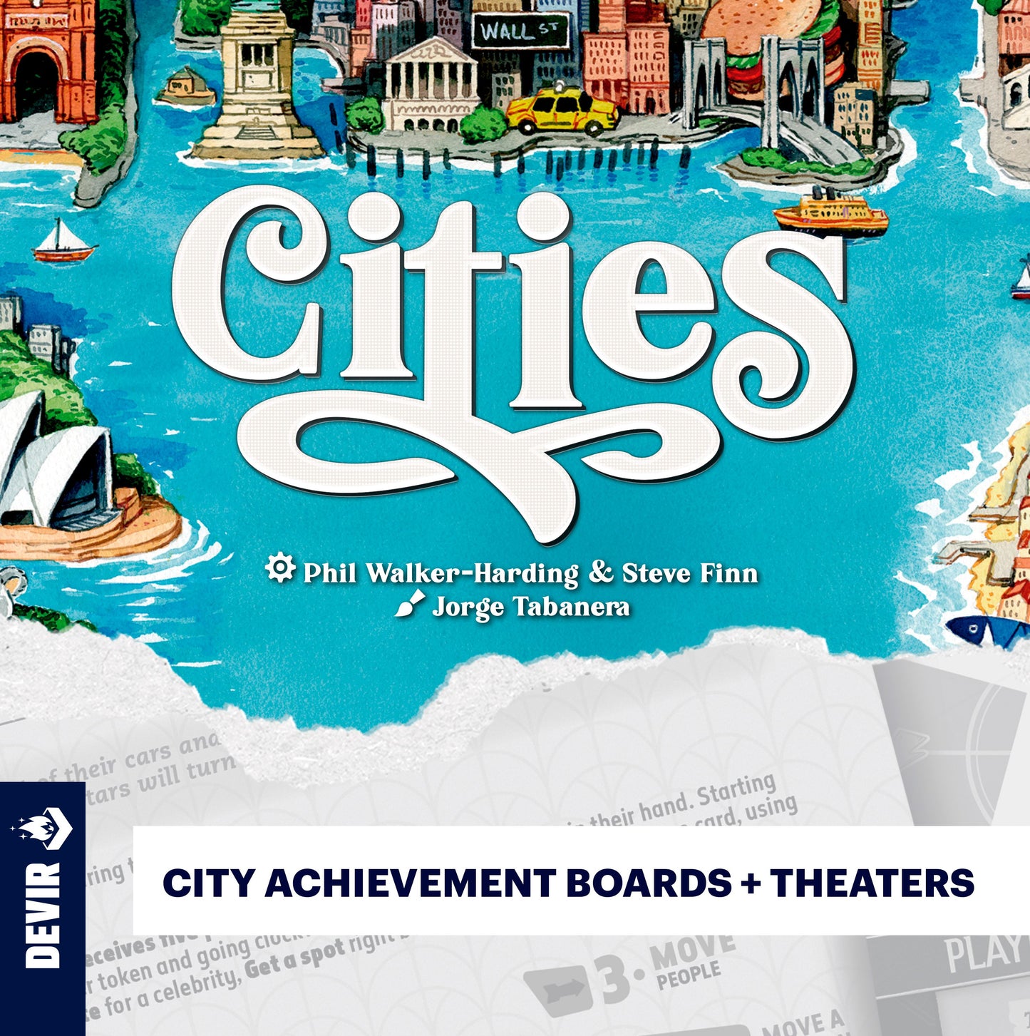 Board game box for 'Cities' with colorful illustrations of cityscapes and landmarks.