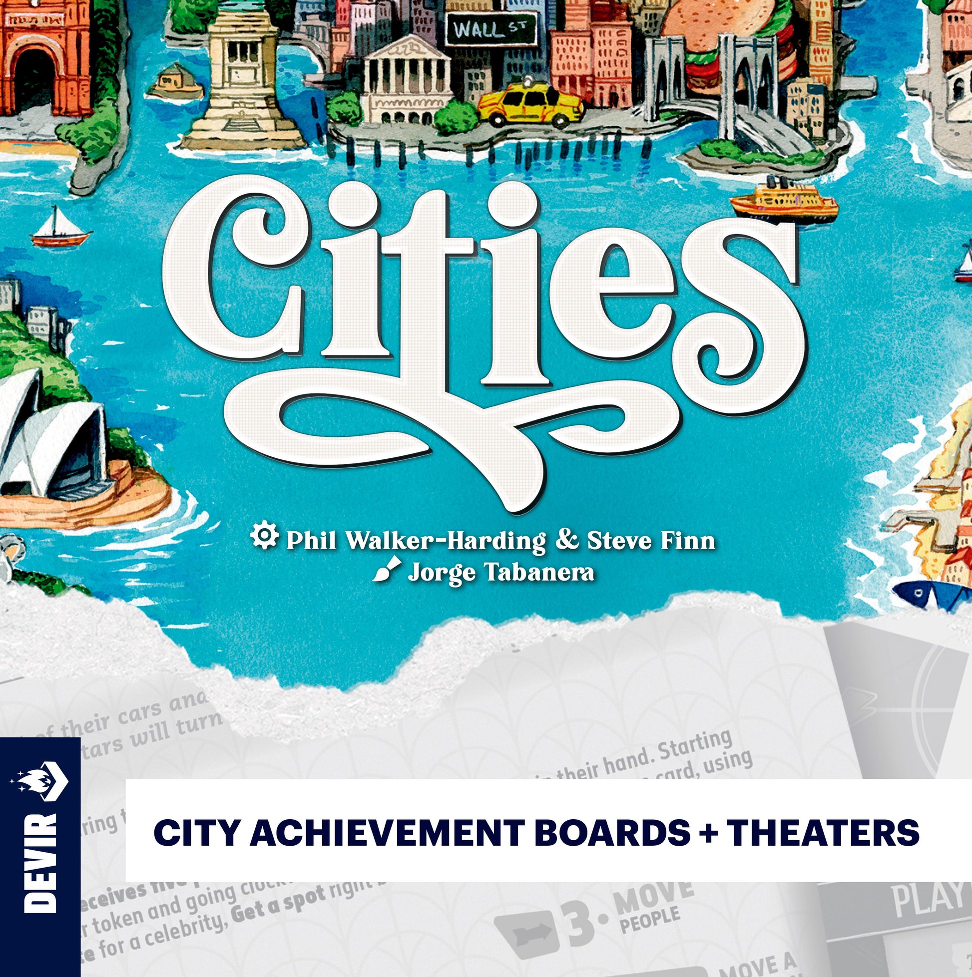 Board game box for 'Cities' with colorful illustrations of cityscapes and landmarks.