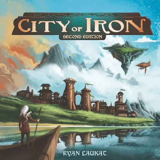 Cover of 'City of Iron Second Edition' with a fantasy landscape and character.