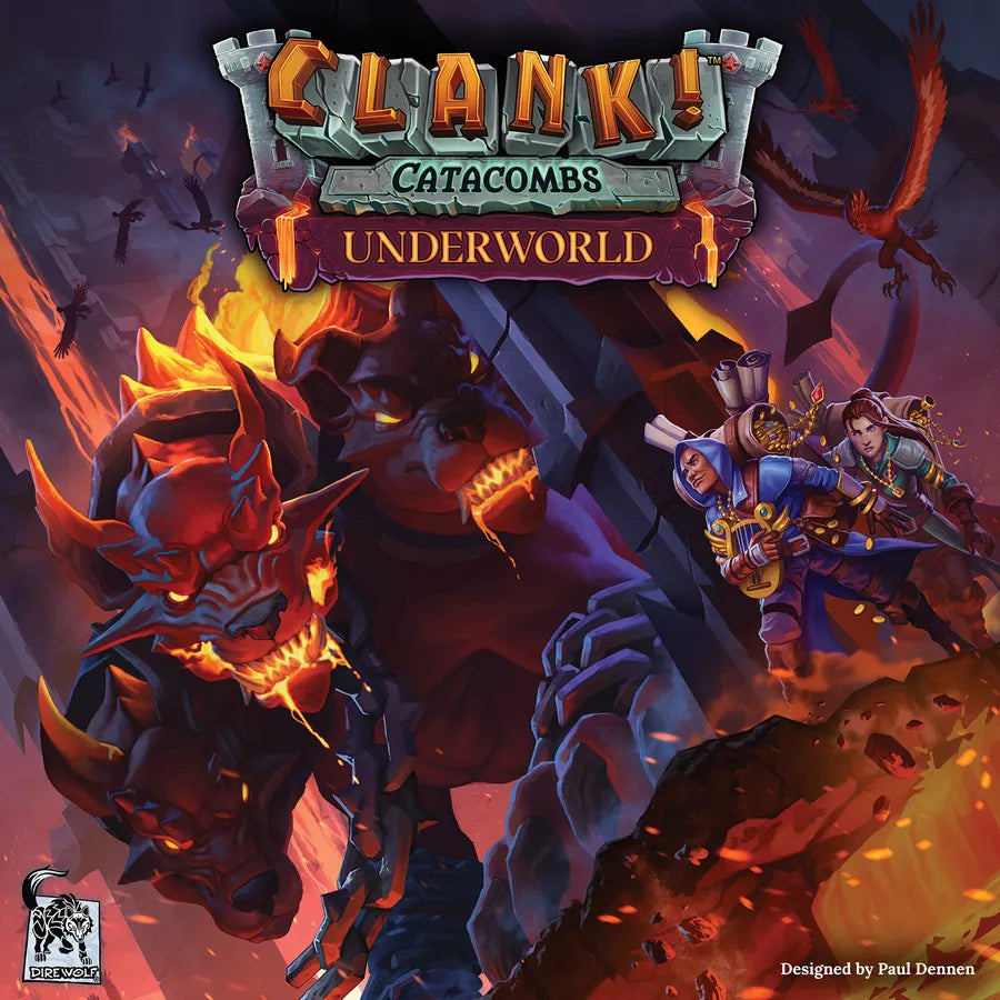 Game box cover of 'Clank! Catacombs Underworld' with fantasy characters and creatures.