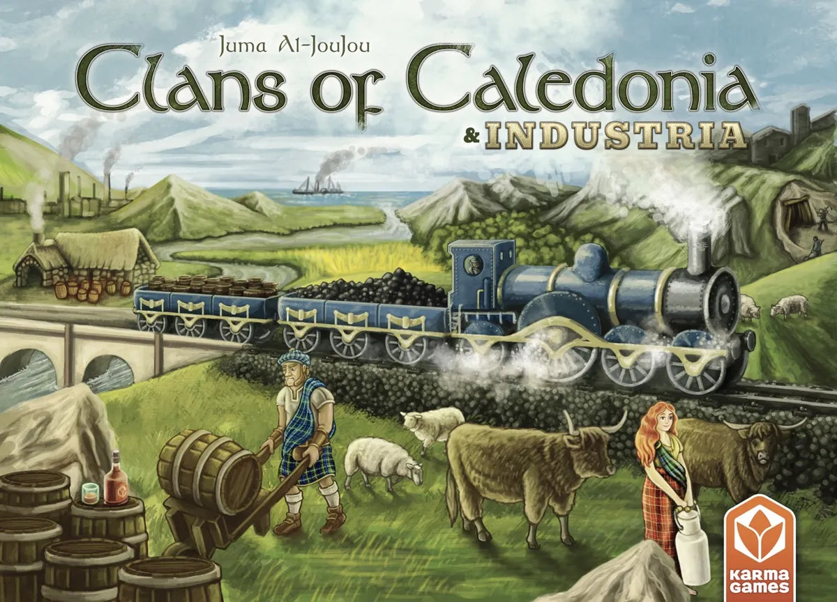 Front cover of the board game 'Clans of Caledonia & Industria' by Juma Al-Joujou, featuring a detailed illustration of a blue steam train traveling through a green Scottish landscape with workers, sheep, and a woman at a distillery.