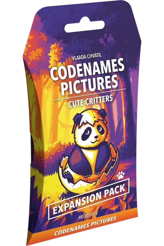Codenames Pictures Cute Critters expansion pack packaging with a colorful design and panda illustration.