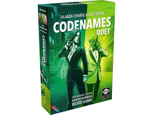 Codenames Duet board game box with two people on a green and yellow background