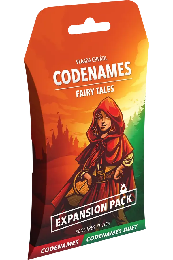 Codenames Fairy Tales expansion pack packaging with a character in a red hood.