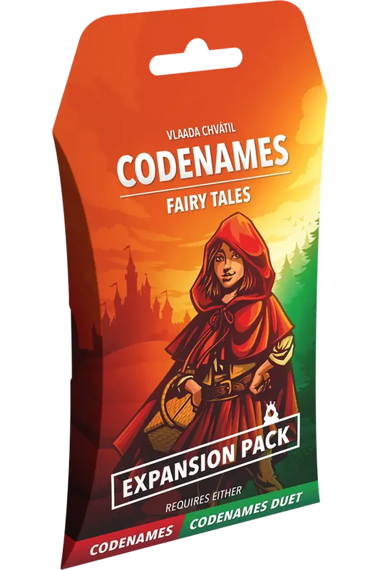Codenames Fairy Tales expansion pack packaging with a character in a red hood.