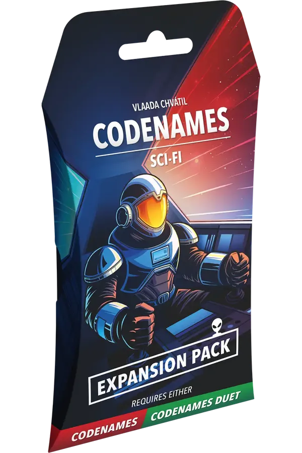 Codenames Sci-Fi expansion pack packaging with an astronaut illustration on a white background
