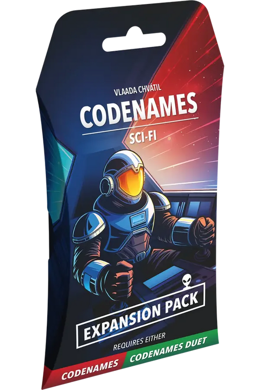 Codenames Sci-Fi expansion pack packaging with an astronaut illustration on a white background