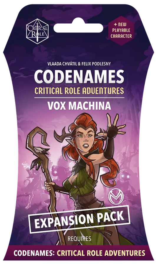 Codenames: Critical Role Adventures Vox Machina expansion pack packaging with character illustration on purple background