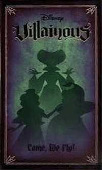 Disney Villainous poster with silhouette of a character and text on a dark background