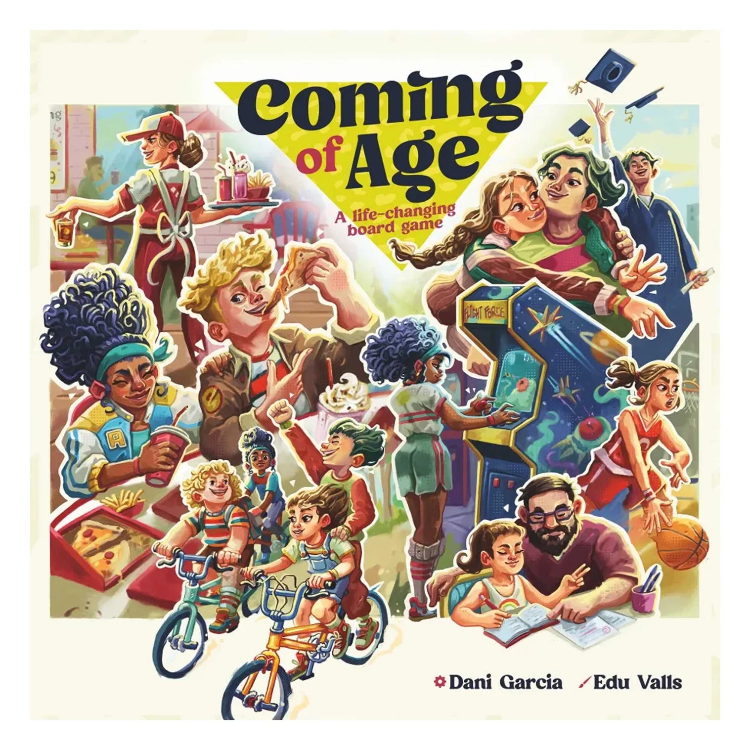 Board game cover titled 'Coming of Age' with colorful illustration of children and adults.