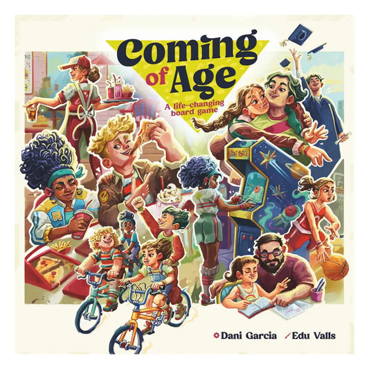 Board game cover titled 'Coming of Age' with colorful illustration of children and adults.