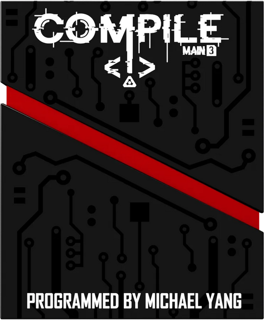 Black and red graphic with 'Compile' text and circuit board design, programmed by Michael Yang.