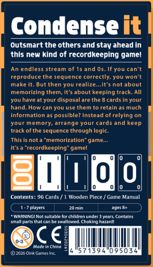 Back of a board game box titled 'Condense It' with text and branding.