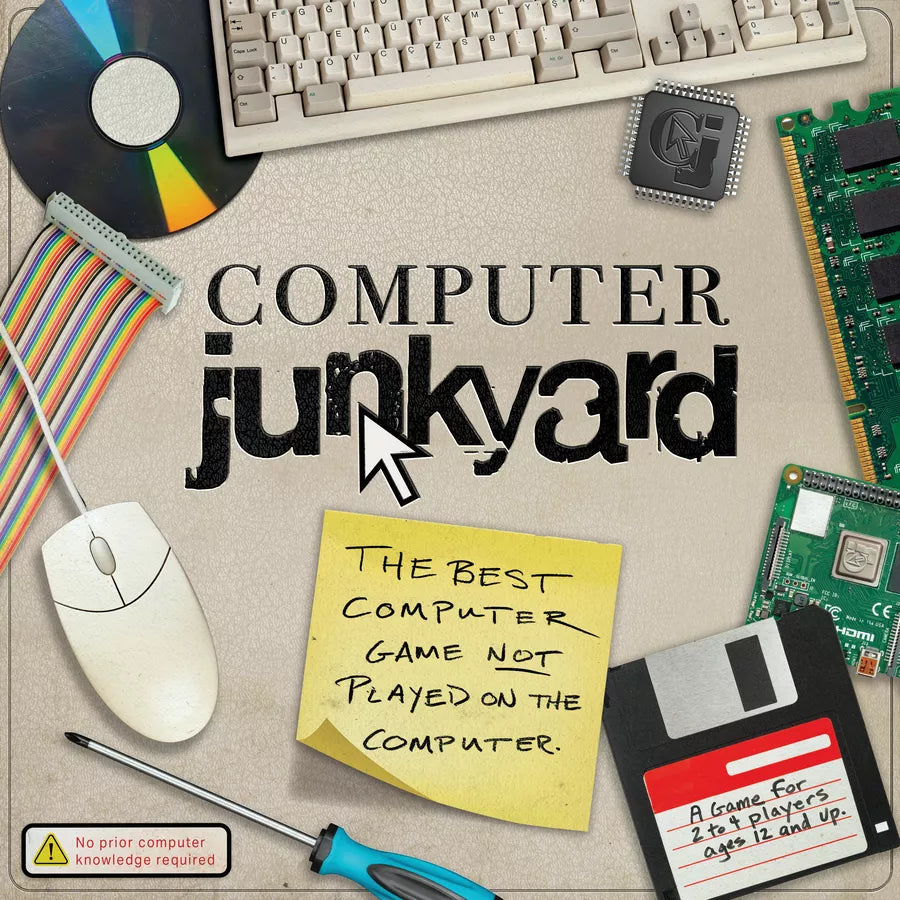 Promotional graphic for 'Computer Junkyard' with computer parts and text on a textured background.