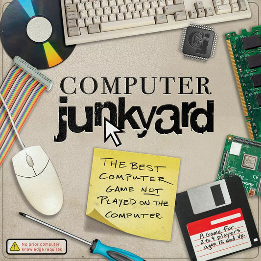 Promotional graphic for 'Computer Junkyard' with computer parts and text on a textured background.