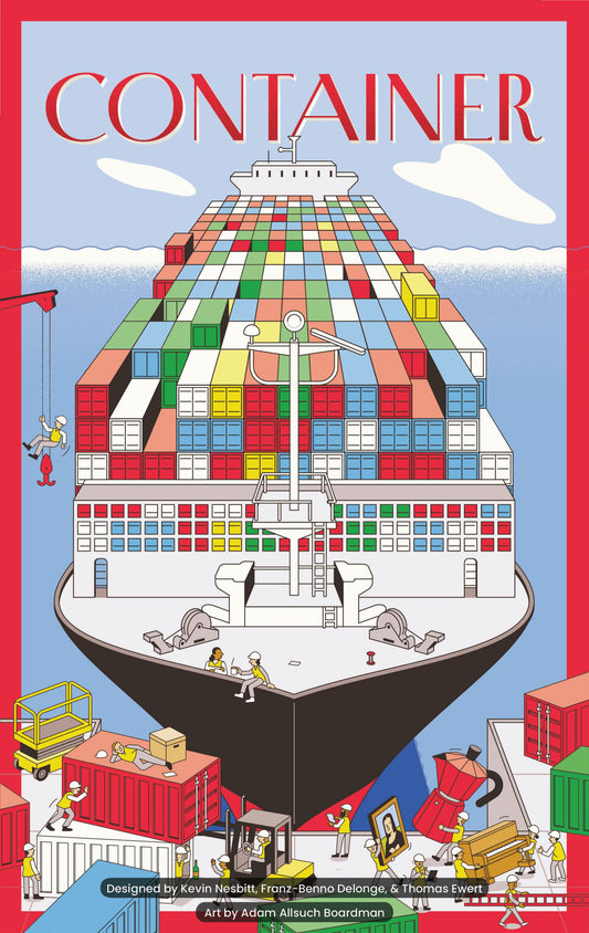 Colorful illustration of a container ship with various containers on a red background