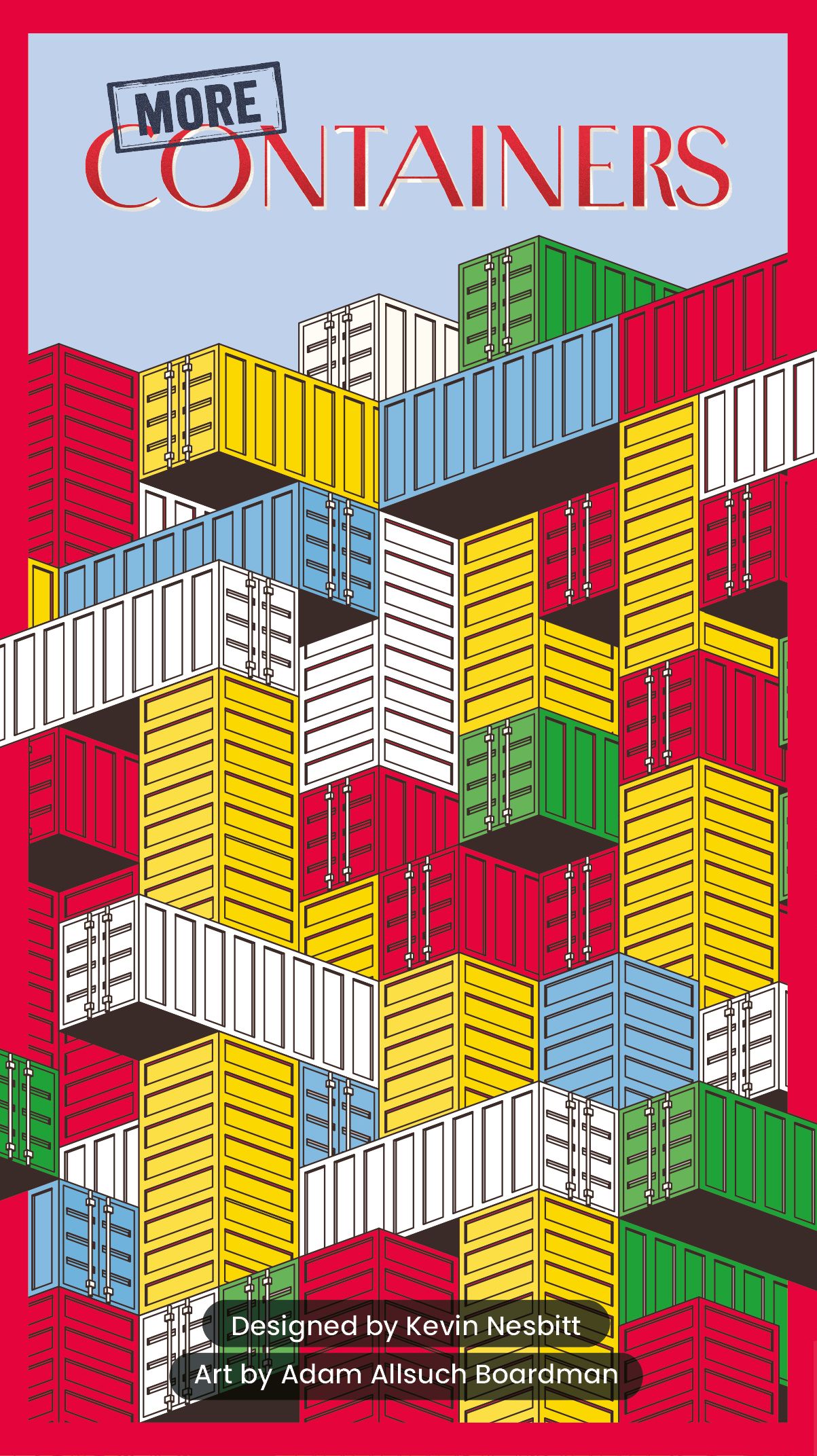 Colorful container design on a red background with text 'More Containers' by Kevin Nesbitt.