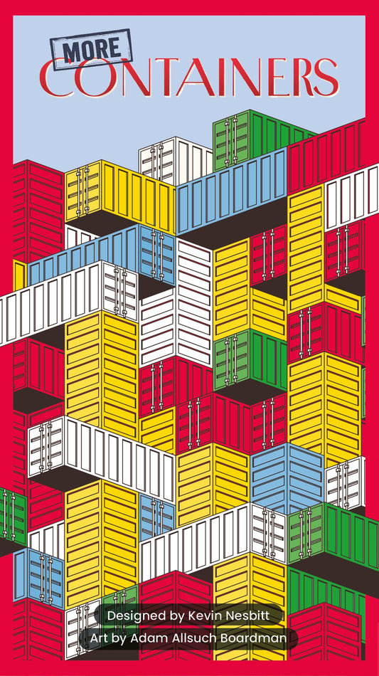 Colorful container design on a red background with text 'More Containers' by Kevin Nesbitt.