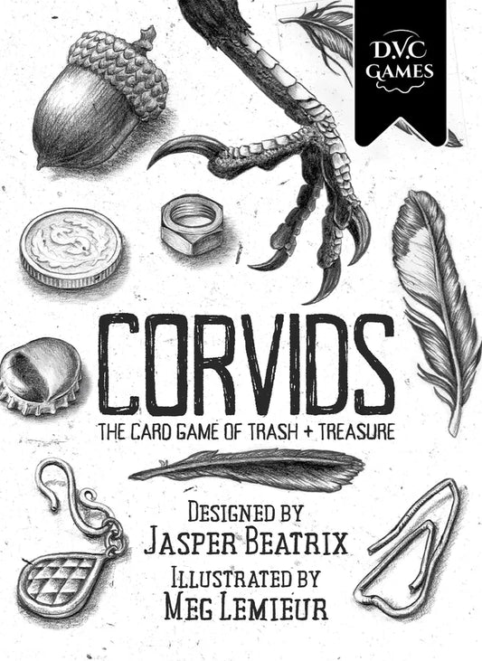Cover of 'Corvids' card game with illustrations of nature elements and game design details.