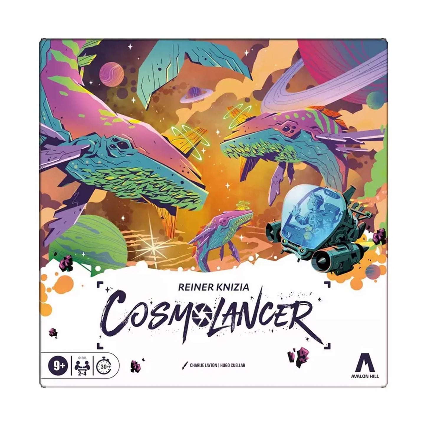Board game box for 'Cosmolancer' by Reiner Knizia with colorful artwork of dragons and space elements.