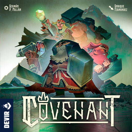 Cover of 'Covenant' board game with characters holding weapons and 'Devir' logo.