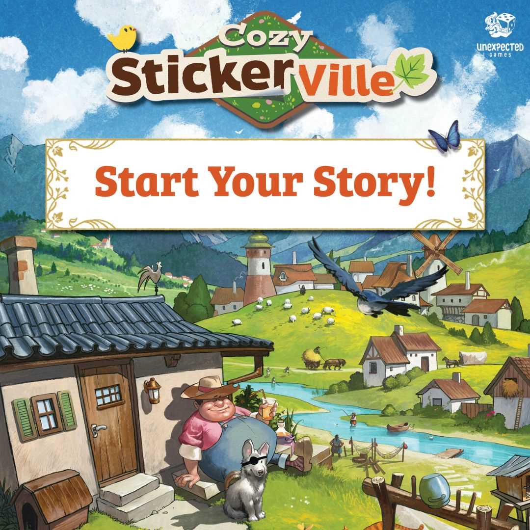 Cover of 'Cozy Sticker Ville' with a village scene and text 'Start Your Story!'