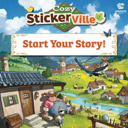 Cover of 'Cozy Sticker Ville' with a village scene and text 'Start Your Story!'