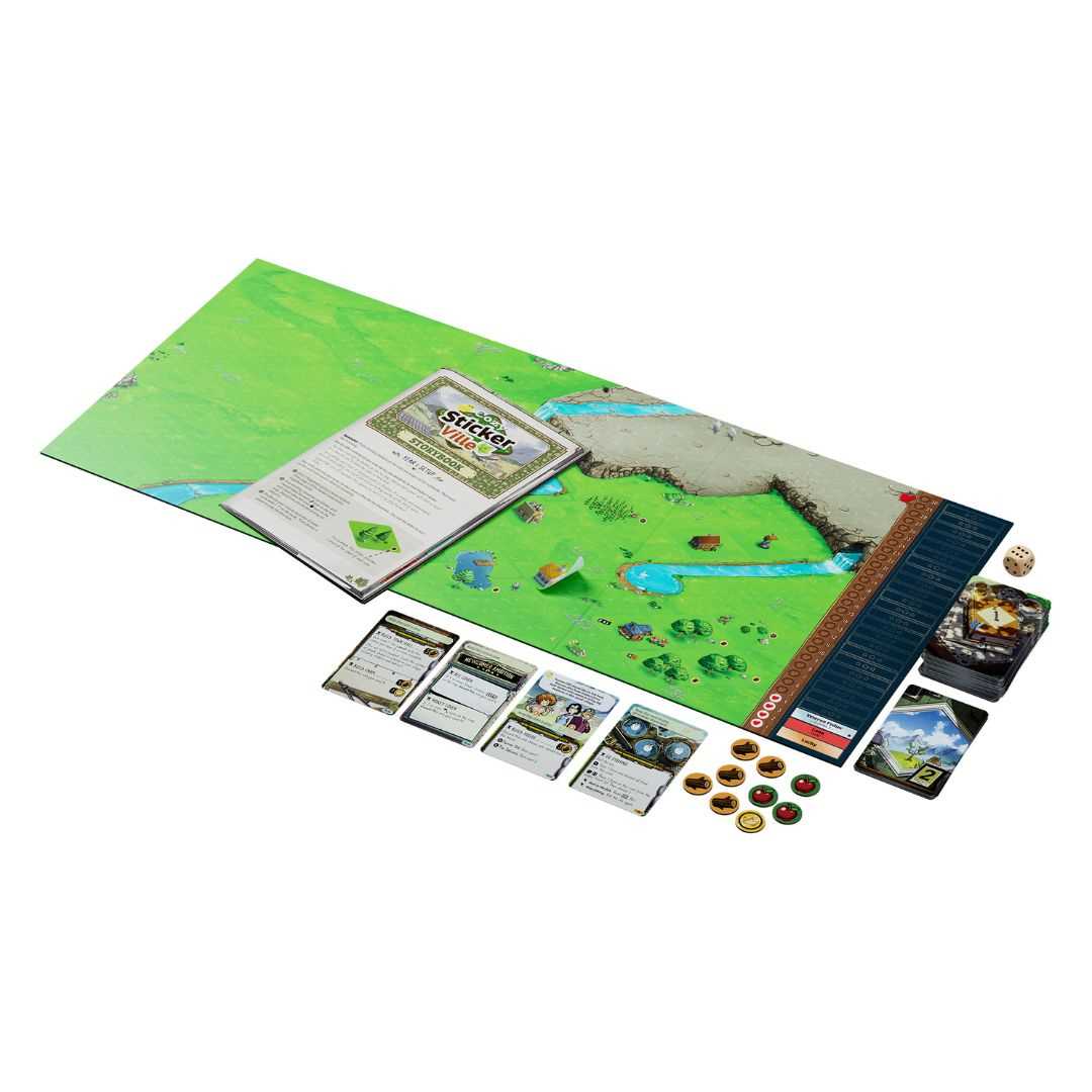 Board game set with a green playing mat, cards, and game pieces on a white background