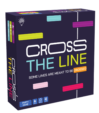 Board game box for 'Cross the Line' with colorful text and design on a white background