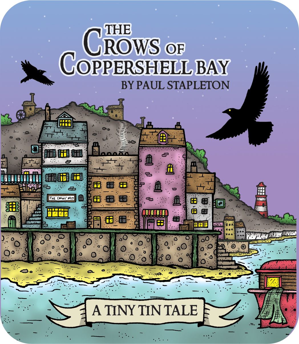Book cover of 'The Crows of Coppershell Bay' by Paul Stapleton with a colorful illustration of a coastal town and crows.