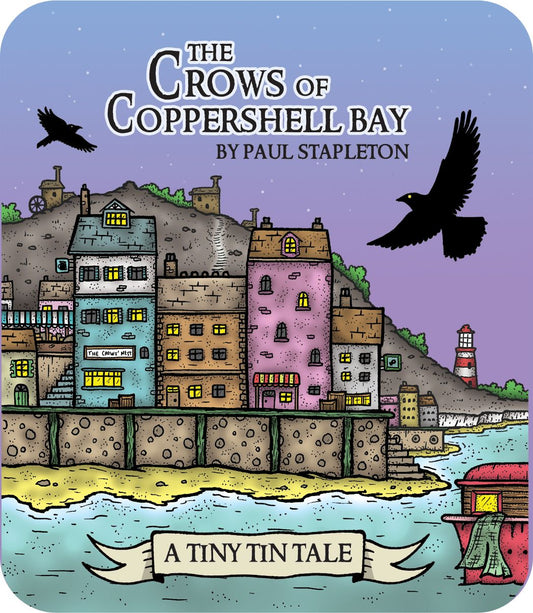 Book cover of 'The Crows of Coppershell Bay' by Paul Stapleton with a colorful illustration of a coastal town and crows.