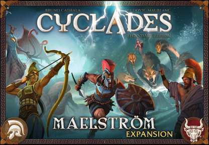 Cover of 'Cyclades: Maelstrom Expansion' with characters and creatures on a fantasy-themed background.