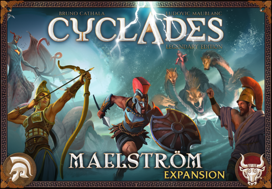Cover of 'Cyclades: Maelstrom Expansion' with characters and creatures on a fantasy-themed background.